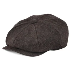 New Vintage Wool Tweed Navy Blue Herringbone Newsboy Cap unisex 8-Quarter Panel Style Flat Caps Women Driver Beret Shelby hat