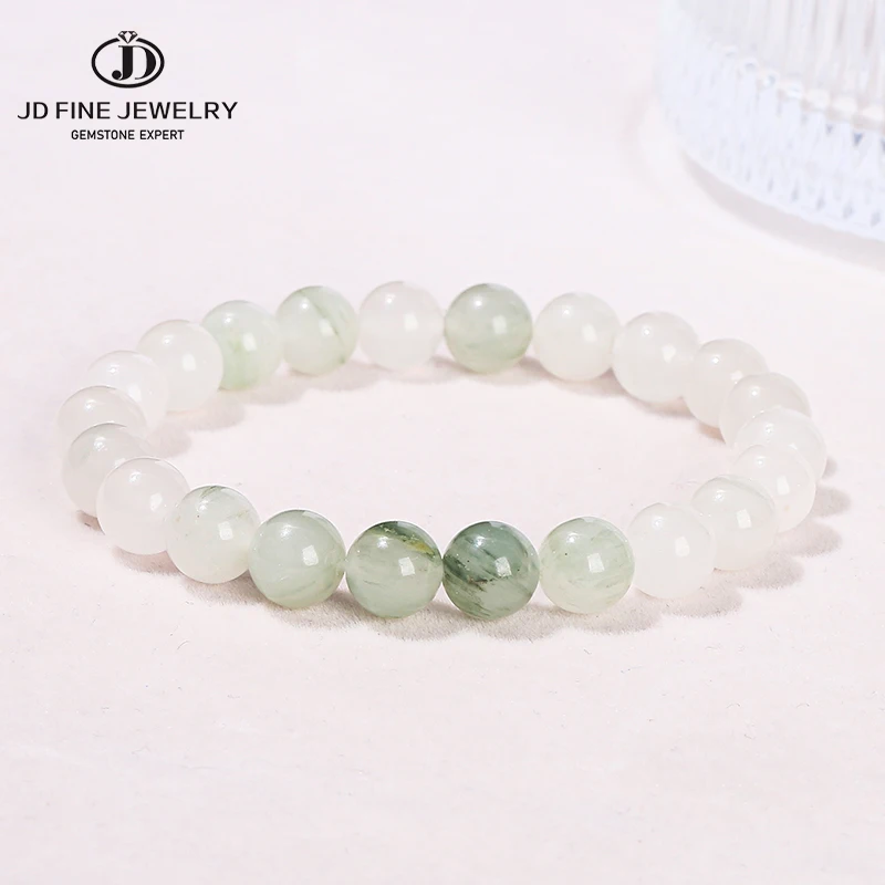 JD Natural Stone Ice Green Jade Round Bead Bracelets Women Fashion Simple Single Circle Stretch Rope Bracelet Yoga Healing Gift