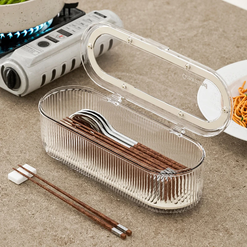 Boîte à baguettes anti-poussière domestique avec couvercle, boîte de rangement de cuisine et de Restaurant cuillère fourchette couverts légère de luxe transparente