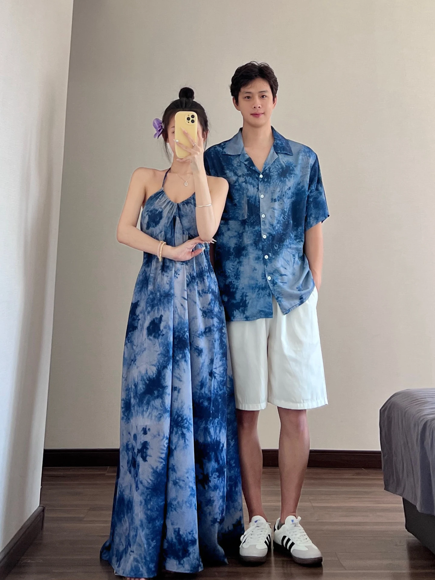 Couple's Summer Short Sleeve Tie Dye Shirt Men's Halter Long Dress Beach Vacation Dress Trendy One Skirt One Dress