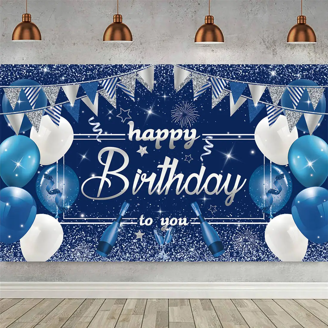 Happy Birthday Party Decoration Backdrop For Men 30th 40th 50th 60th 70th Blue Gold Silver Photo Banner Photograhy Background