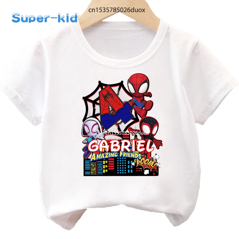 Camiseta de Spiderman para niños, camisa de fiesta de cumpleaños con nombre personalizado, Spiderman, Spidey y sus amigos increíbles, verano, 2, 3, 4, 5, 6, 7, 8, 9