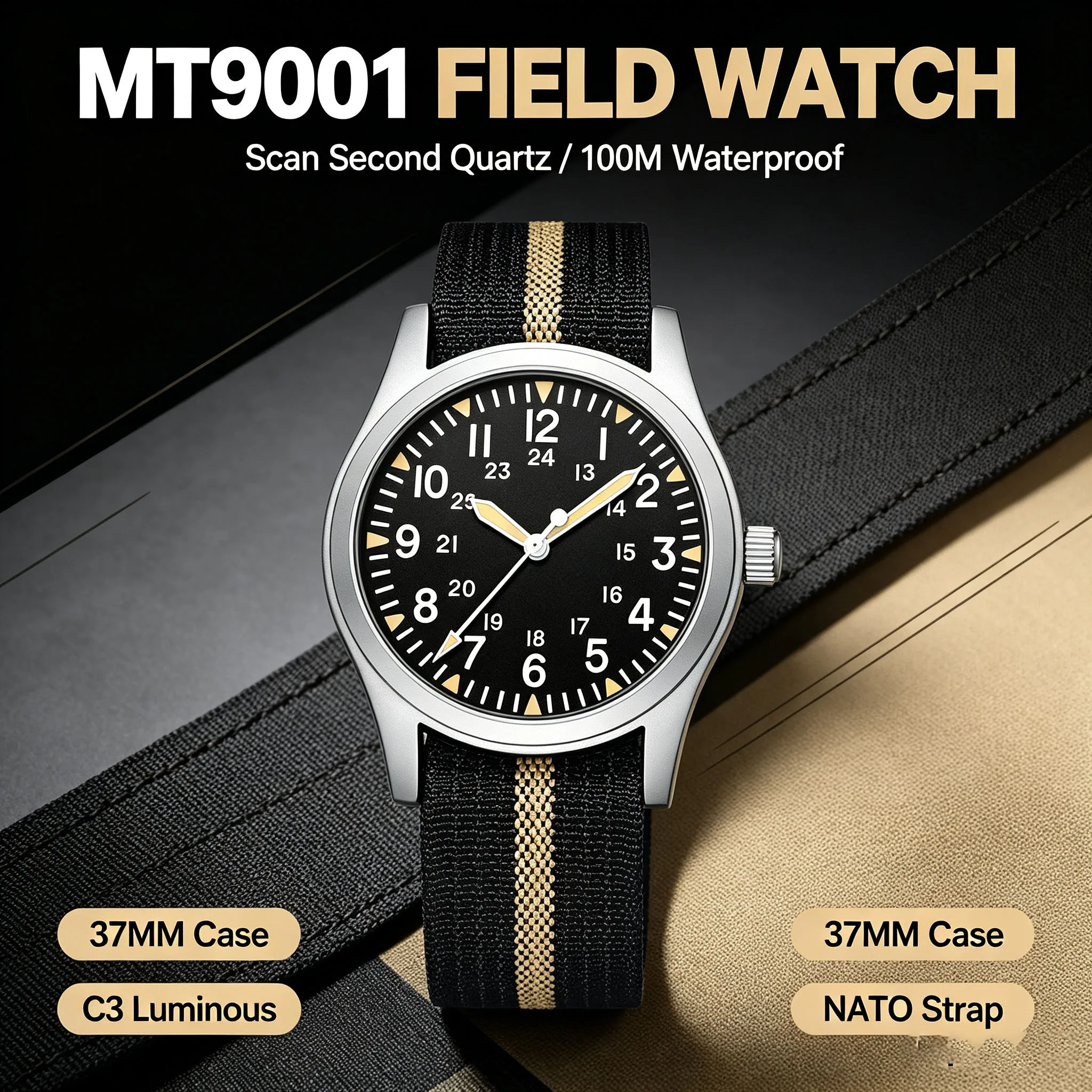 MILITREK MT9001 37mm Felduhr VH31 Quarz mit Gleitender Sekunde, Saphirglas mit Antireflexbeschichtung, 100M Wasserdicht, NATO-Nylonarmband