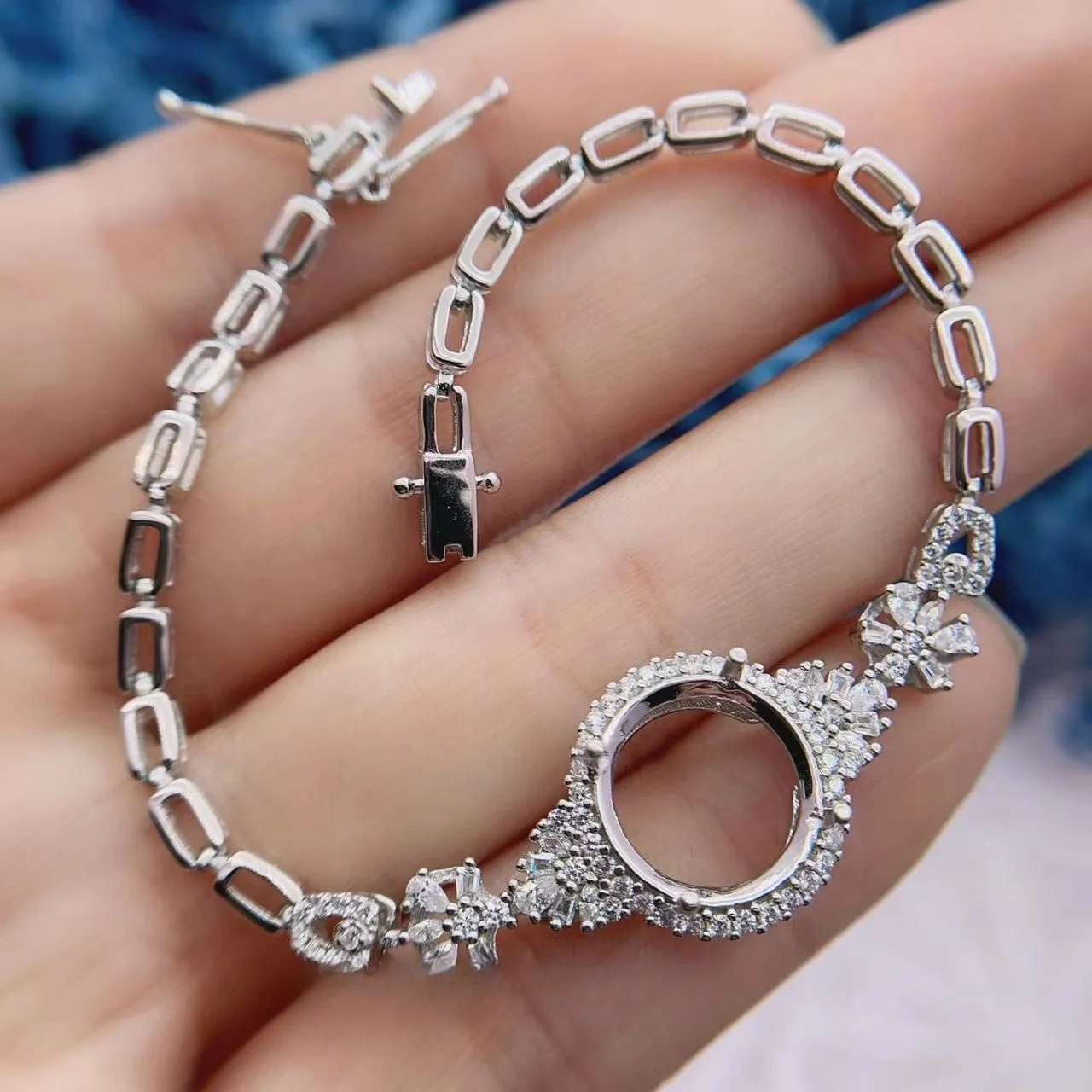 MeiBaPJ Inlay 12mm Circular GemStone S925 Sterling Silver DIY Empty Bracelet Holder for Women Fine Jewelry Accessory Free Mail