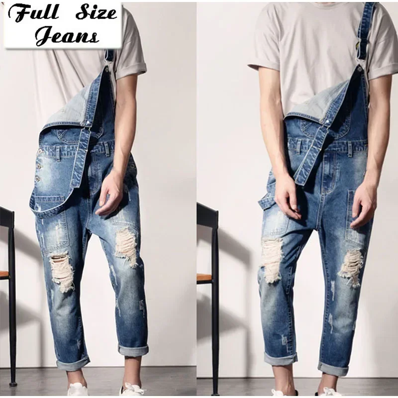 Jeans Plus Size Casual Vintage Capris Denim Overalls 4Xl 3Xl Ankle Length Strap Ripped Pockets Men's Pants