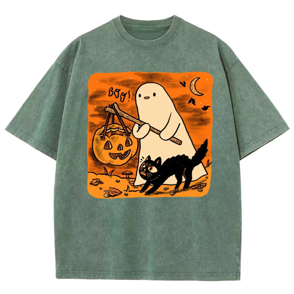 Halloween Black Cat Ghost Print Couple T-Shirt Oversized Wash Cotton Short Sleeve Cute Funny Style Fashion Tees y2k