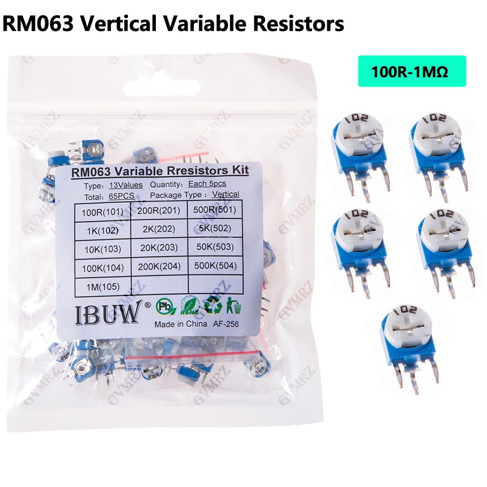 65PCS 13Values RM063 Vertical Variable Resistors Kit (100R-1MΩ) for PCB Circuit Adjustment