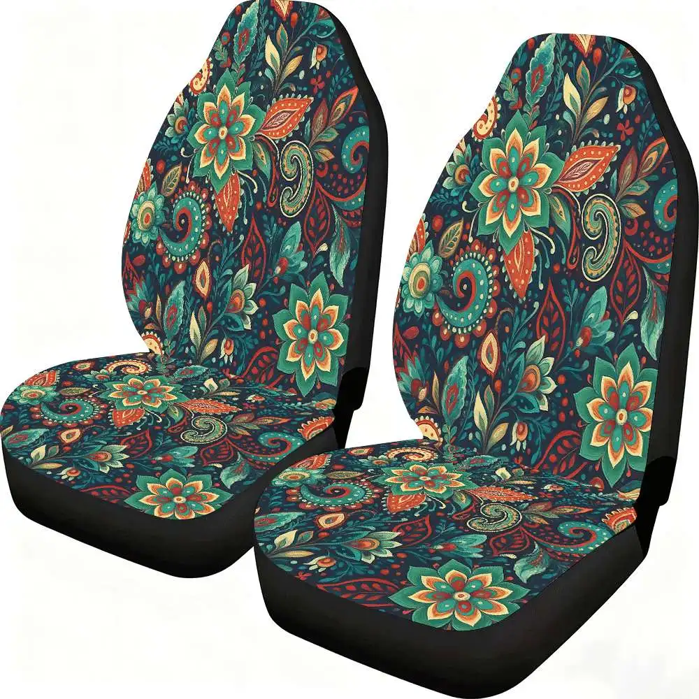 2pcs Bohemian Floral Paisley Car Seat Covers - High Back Design, Polyester Material, & Teal Floral Pattern, Fit For Cars, SUVs,