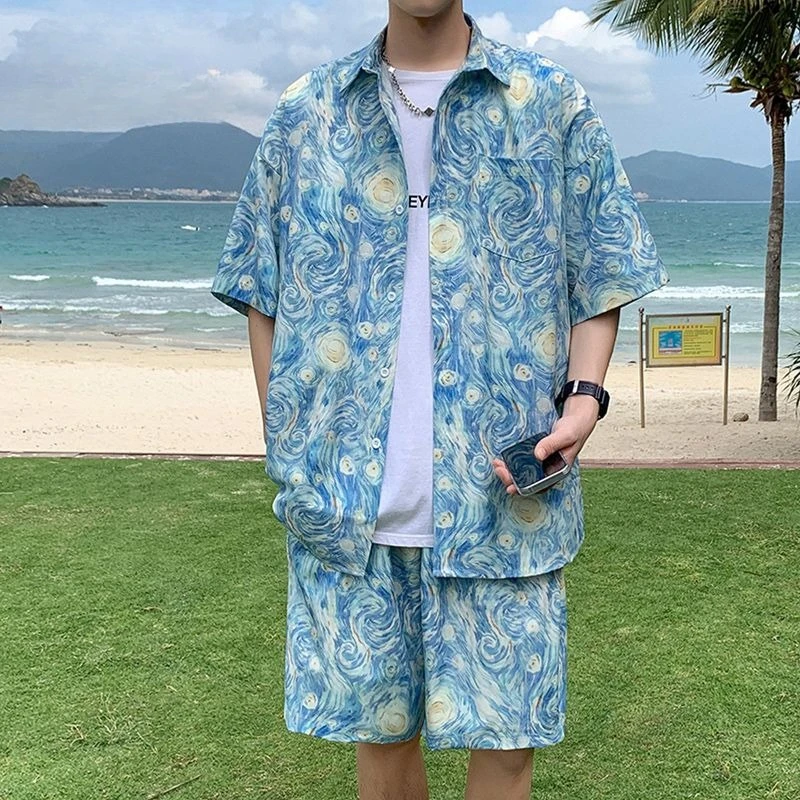 

Beach Male Shirts Short Sets Print Graphic Elastic 2025 Trend Outdoor Stylish Trendy Two Piece Basic Tee Loose Men's Shorts Set