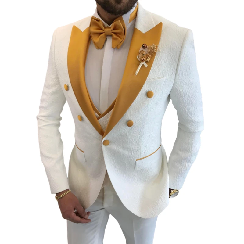 Floral Wedding Suits for Men 2024 Double Breasted Jacket with Vest Pants 3 Pieces Peak Lapel Groom Tuxedo Male Fashion Suit