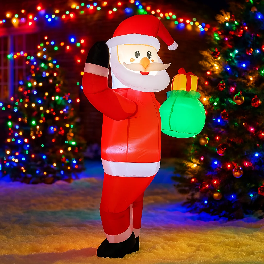 ซานตาคลอสเป่าลมขนาด 5 ฟุต พร้อมถุงของขวัญ ของเล่น ตกแต่งบ้าน สนามหญ้า ของประดับตกแต่งคริสต์มาส ไฟ LED ของตกแต่งคริสต์มาส