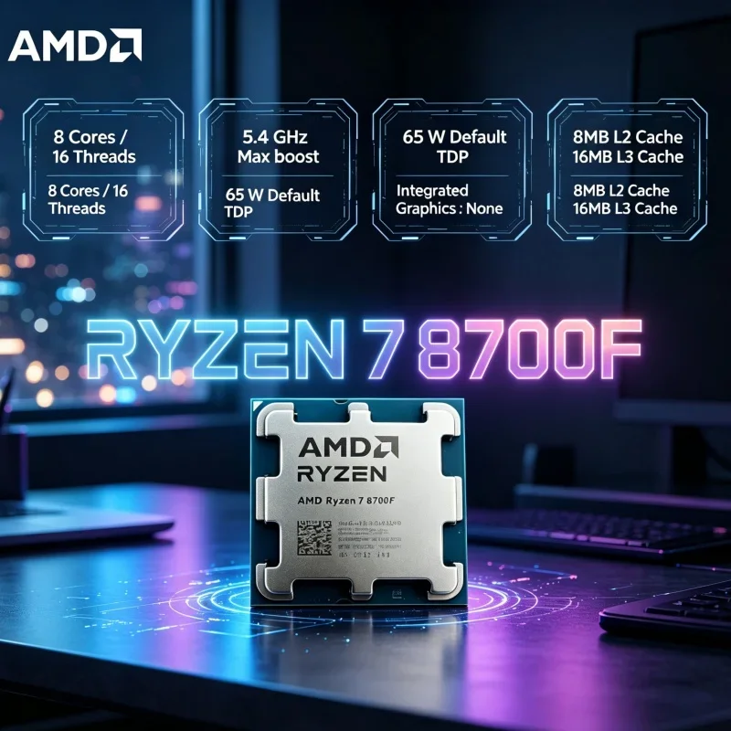 AMD 8700F Home Office CPU 8 Core 16 Thread 5GHz 65W Low Noise AM5 Desktop Processor Zen 4 Architecture