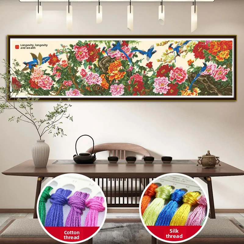 

MonaLisa Cross Stitch Wealth And Longevity Peony Flower Ancient Silk Living Room Embroidery Cotton Fabric Home Decor Artwork