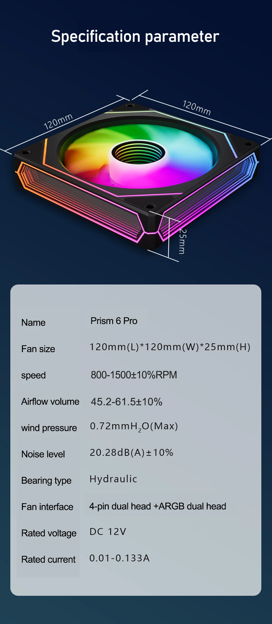 Zezzio Prism 6 PRO 120 mm PC-Gehäuselüfter ARGB 12 V 4PIN PWM Luftkühler CPU-Lüfter 3-seitiger Infinite MirrorCompute-Gehäuselüfter – Detail 12
