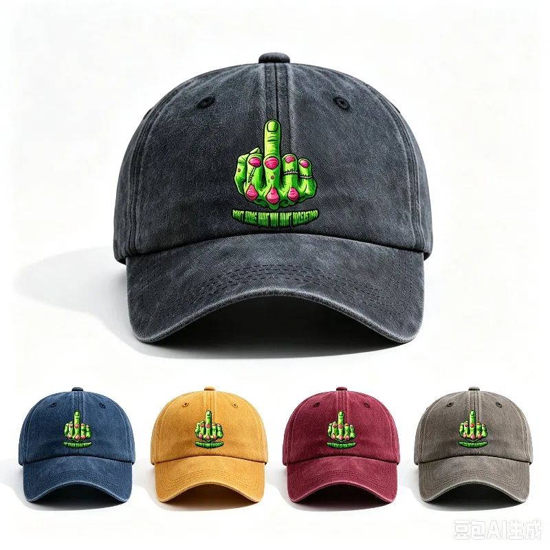 Unisex Washed Baseball Hat Zombie Middle‑Finger PrintAdjustable Back Strap Casual Headwear for Halloween Costume Street Outfit
