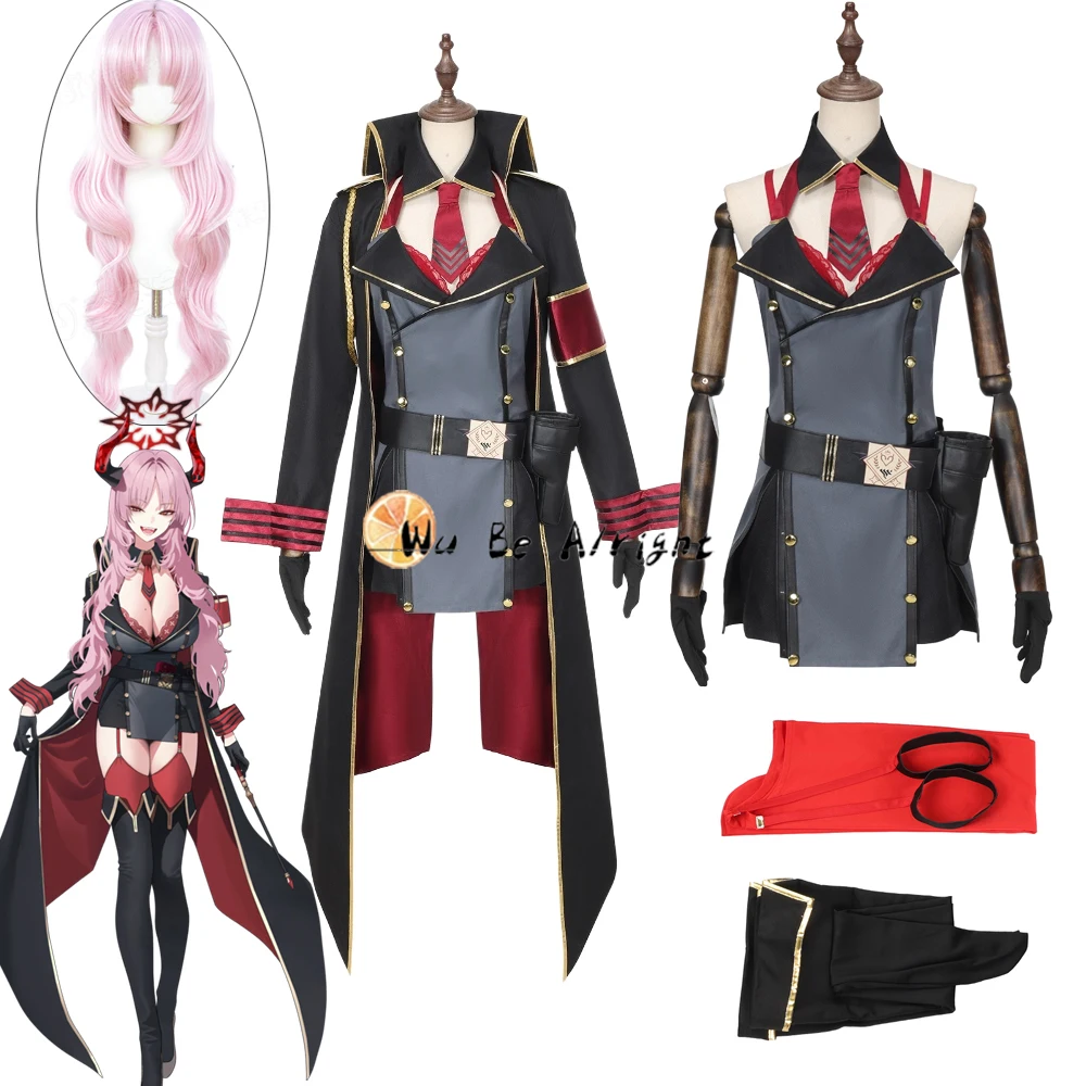 

Синий архив, карнавальный костюм Киоку Сацуки, сексуальное платье, пальто, красные чулки, чехол для ног, розовый вьющийся парик, женский наряд для вечеринки на Хэллоуин