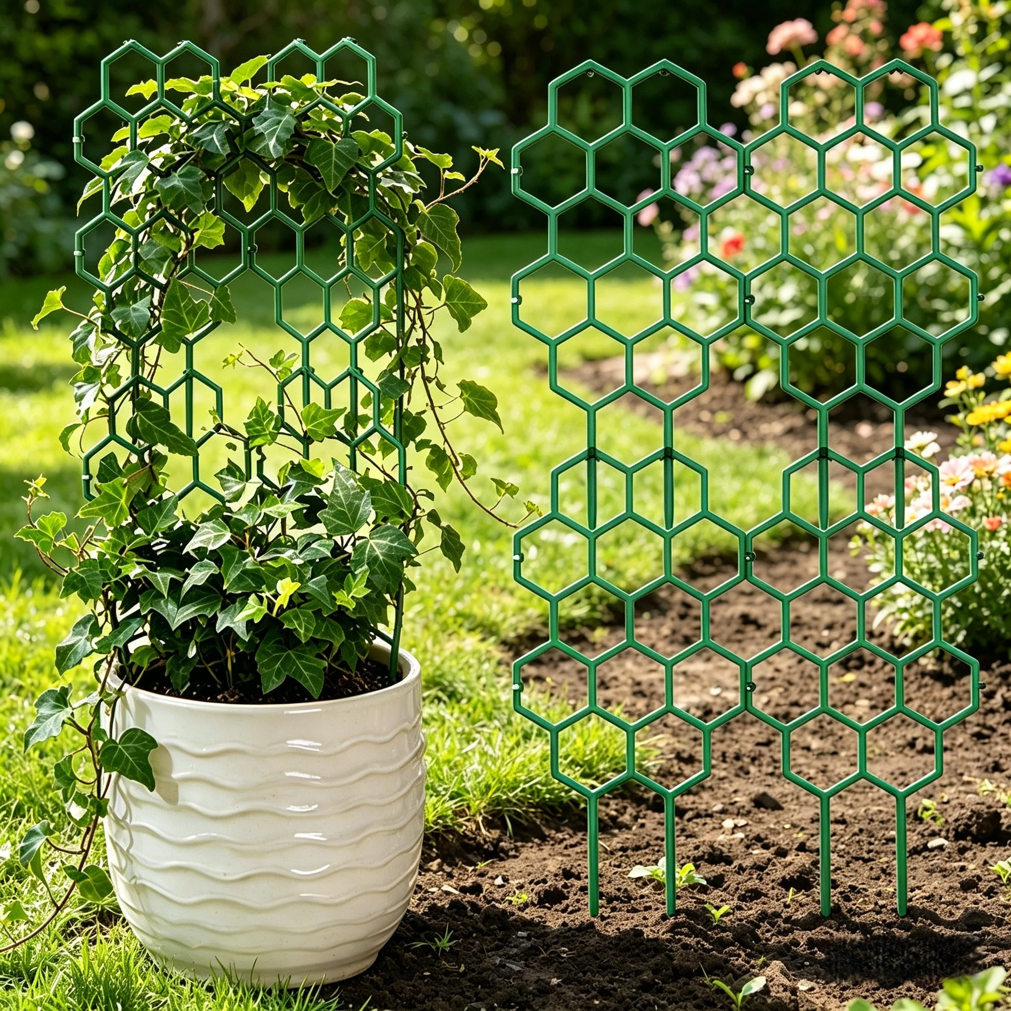 Hexagonal Grid Plant Trellis, Splicable Modular Garden Flower Support Stakes, Potted Vine Climbing Trellis Fence for Roses