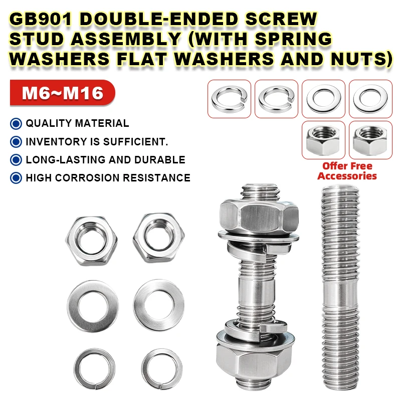304 Stainless Steel Double End Stud Bolt Set M6 M8 M10 M12 M14 M16 With Nuts Flat Spring Washers Hardware Kit GB901