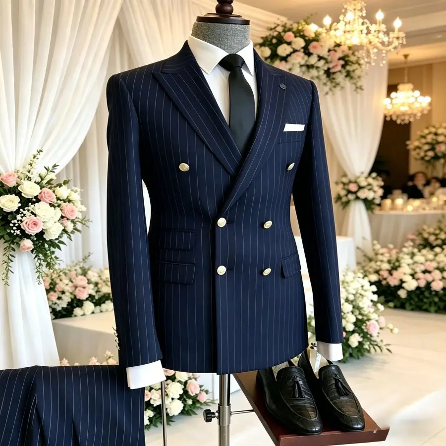 

Men's Double Breasted Stripe Suits 2 Pieces Slim Fit Wedding Tuxedo for Groom Business Formal Prom Blazer with Pants Set