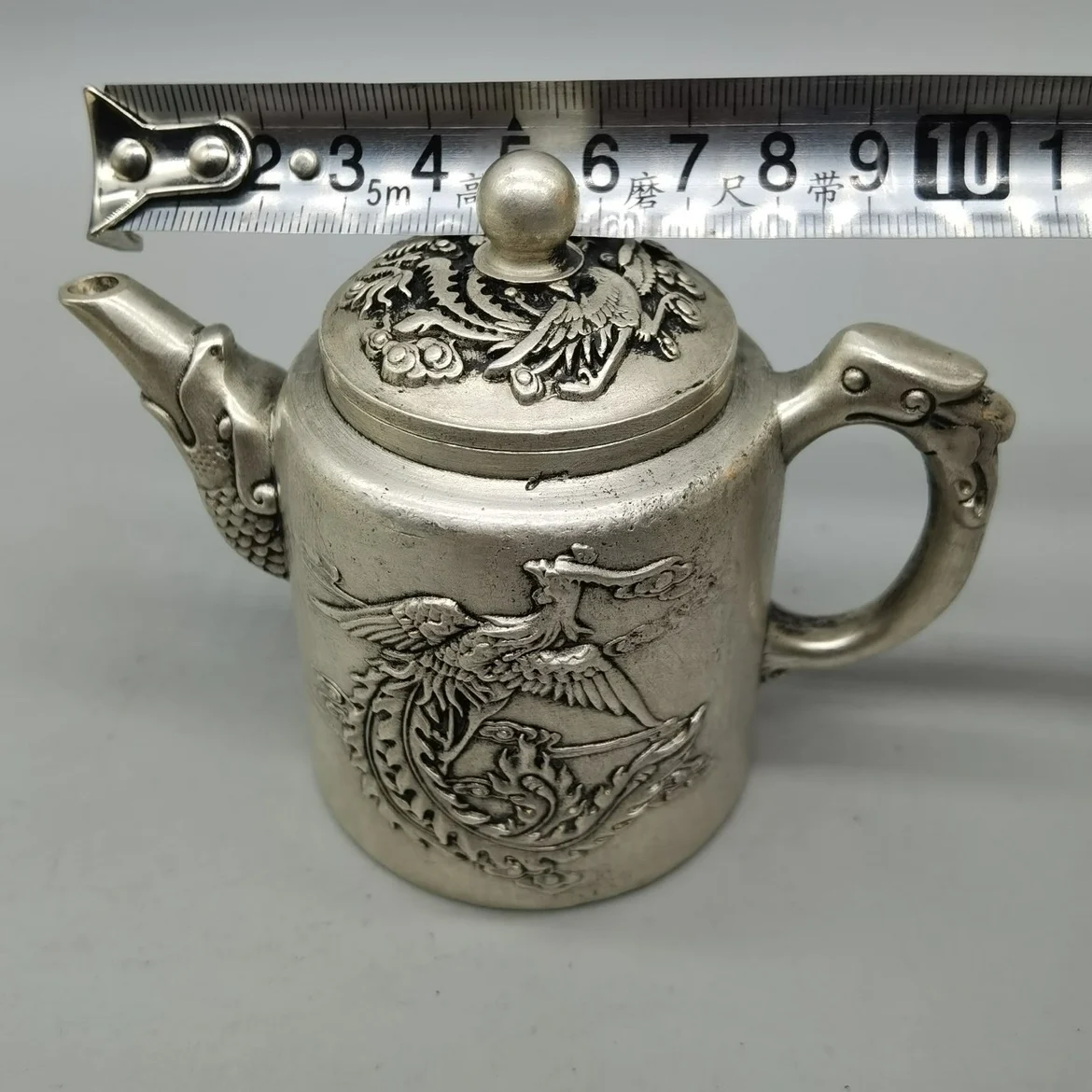 Bronze collection: white copper, silver-plated, high-relief dragon and phoenix, Xiang, wine pot, teapot, home tea ceremony, orna