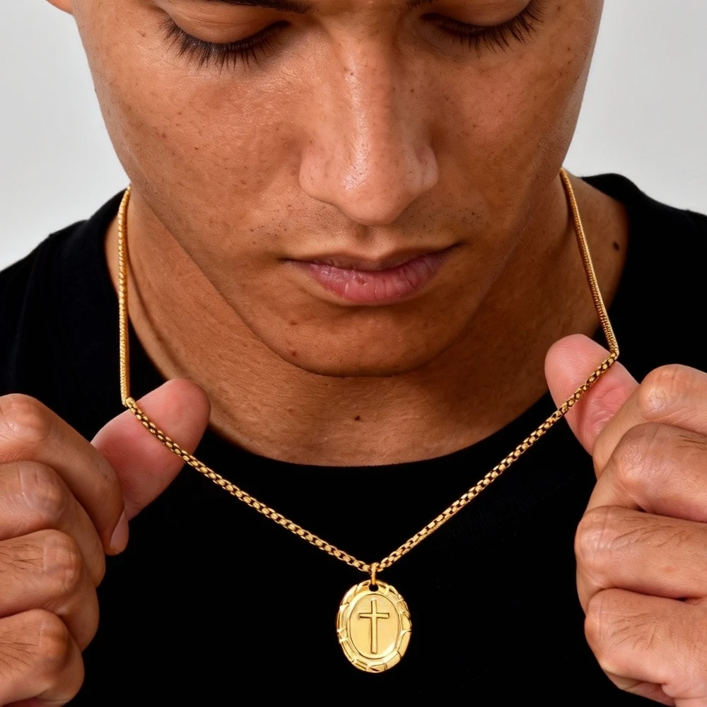 Gold Color Cross Necklaces for Men,Stainless Steel Oval Cross Pendant Necklace,New Punk Religious Faith Collar Gifts - Image 2