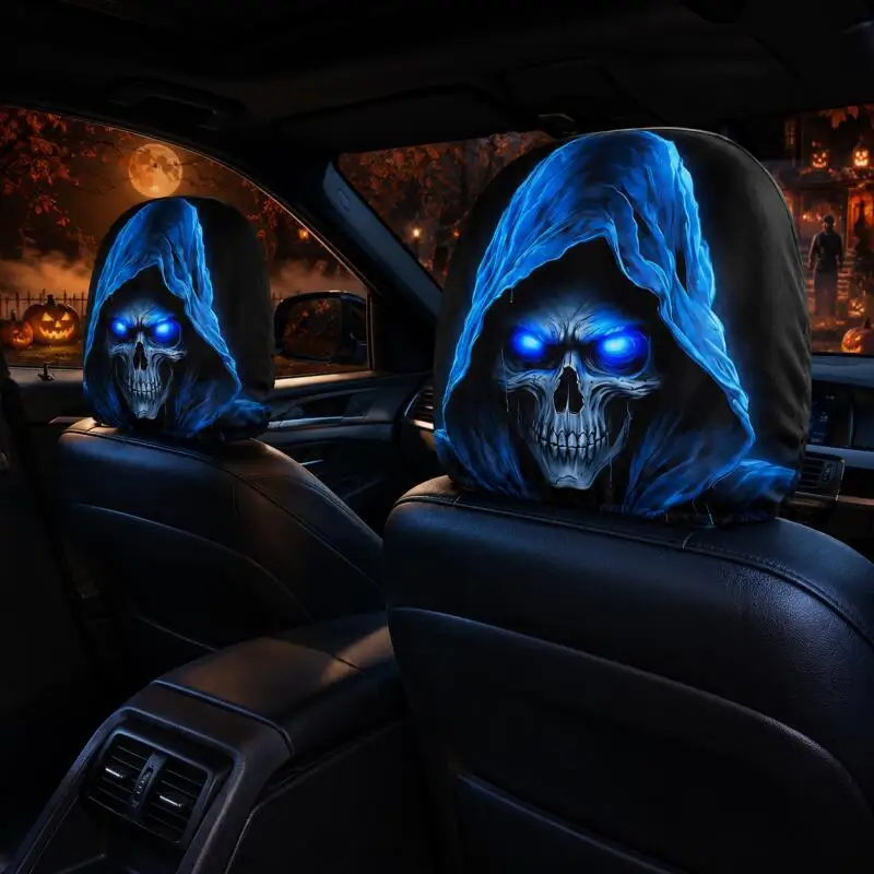 1 Pair Car Seat Headrest Cover, Fun Style Ghost Blue Skull Protective Covers, Elastic Dust-proof Car Interior Decoration