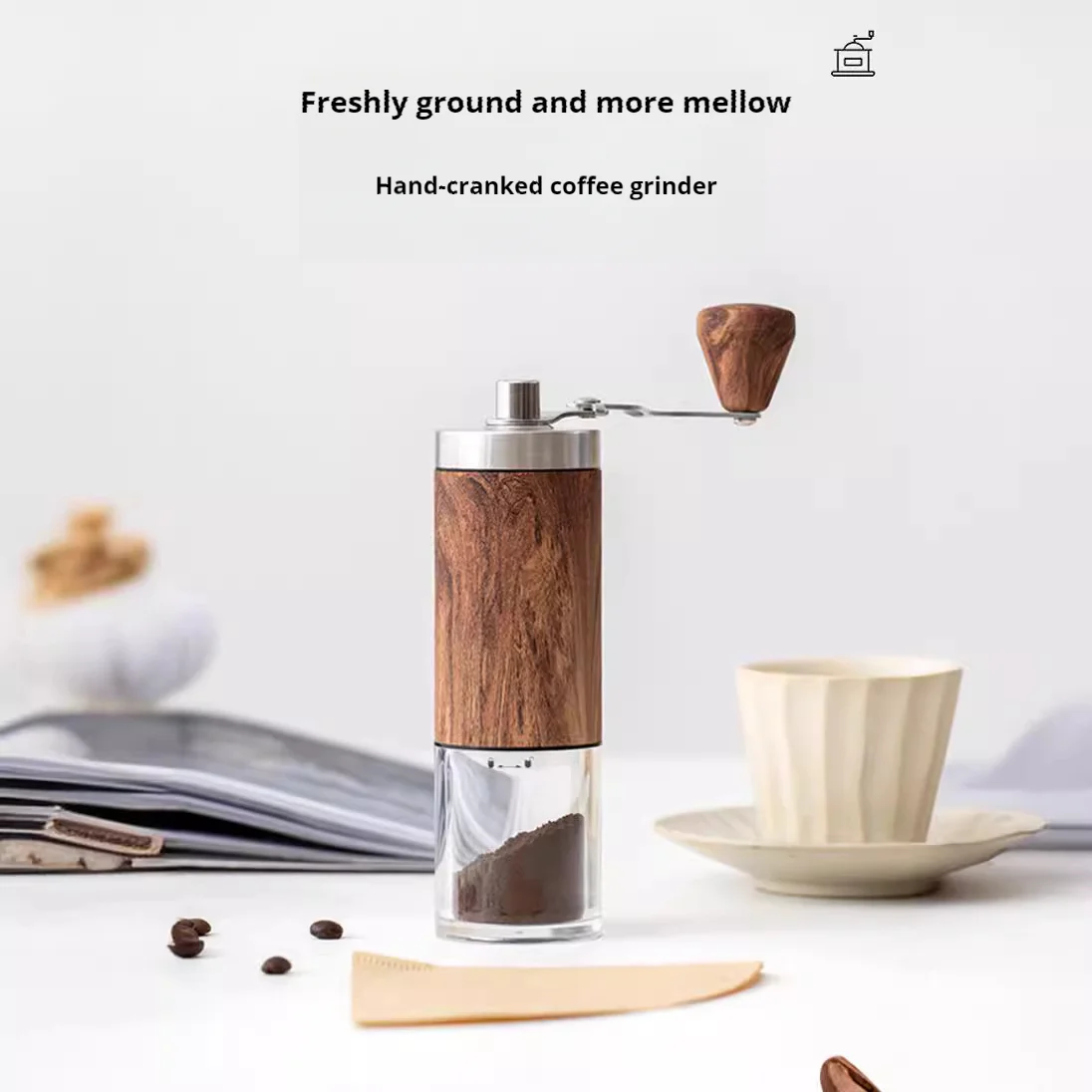 

Hand-cranked portable coffee bean grinder household manual coffee bean grinder wood grain