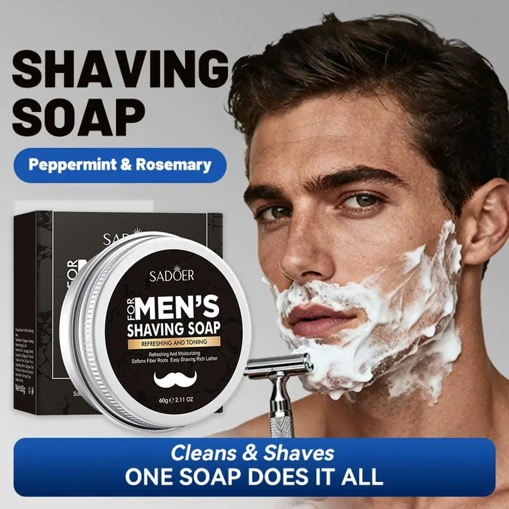 Men's Shaving Soap 60g, Rich Lather Beard Softener with Natural Olive Oil, Refreshing Moisturizing Shave Cream for Smooth Shave