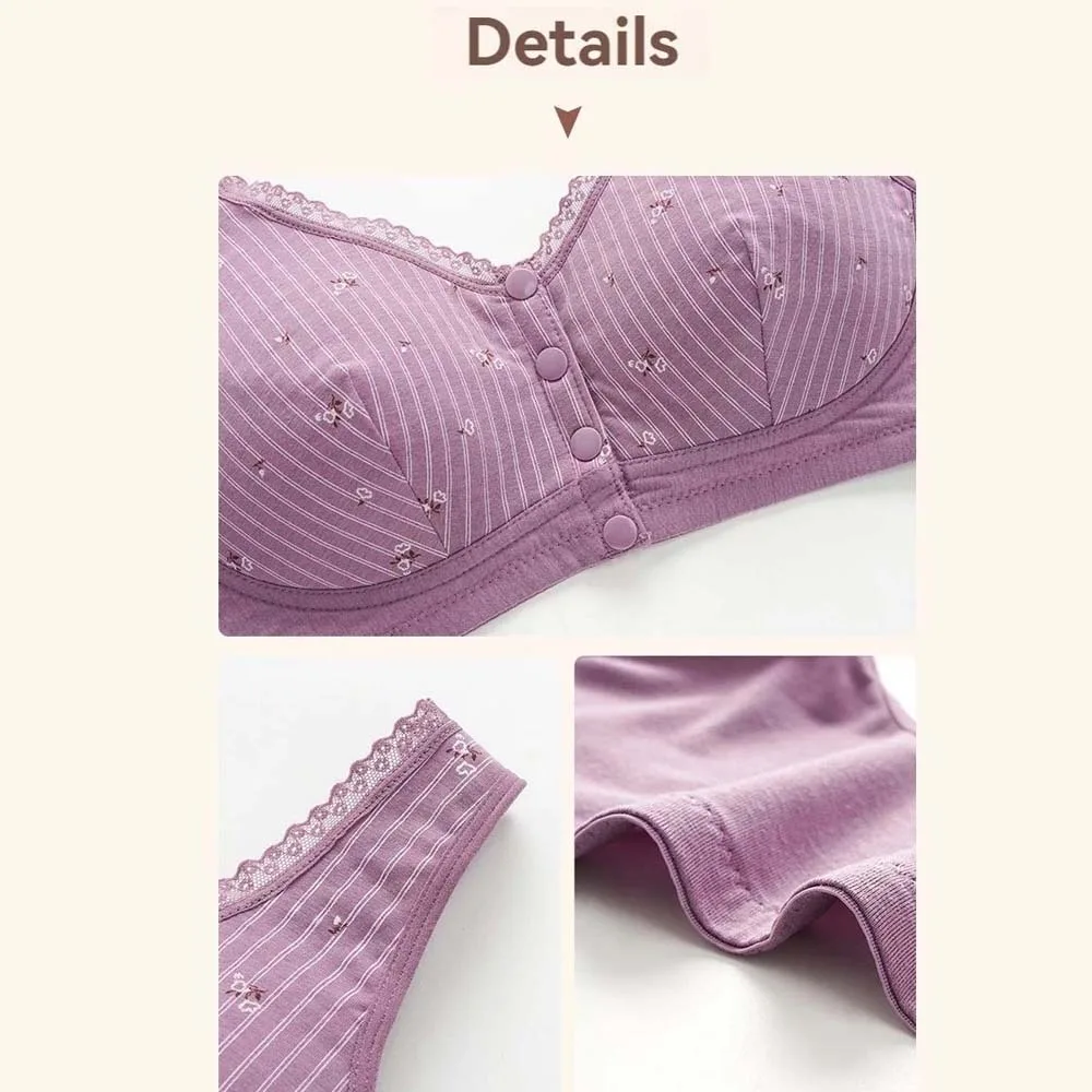 Breathable Flower Bras for Older Women Gathered Breasts Widened Shoulder Straps Front Close Button Cotton Bras Lingerie