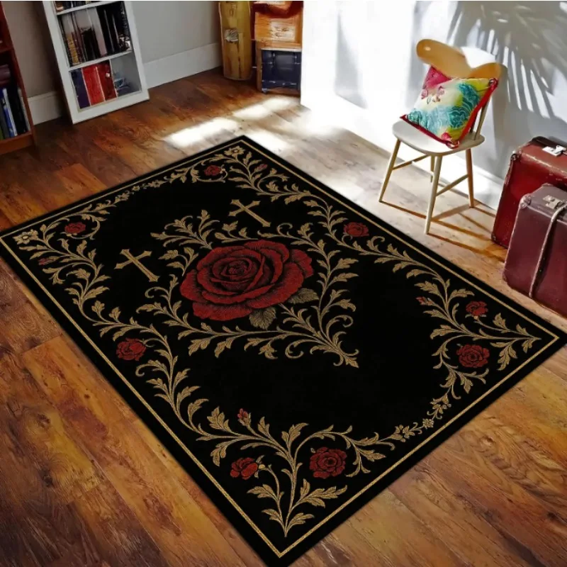Gothic Rose Welcome Mat Black and Red Floral Rug with Crosses Baroque Style Doormat for Alternative Home Decor Having Aesthetic