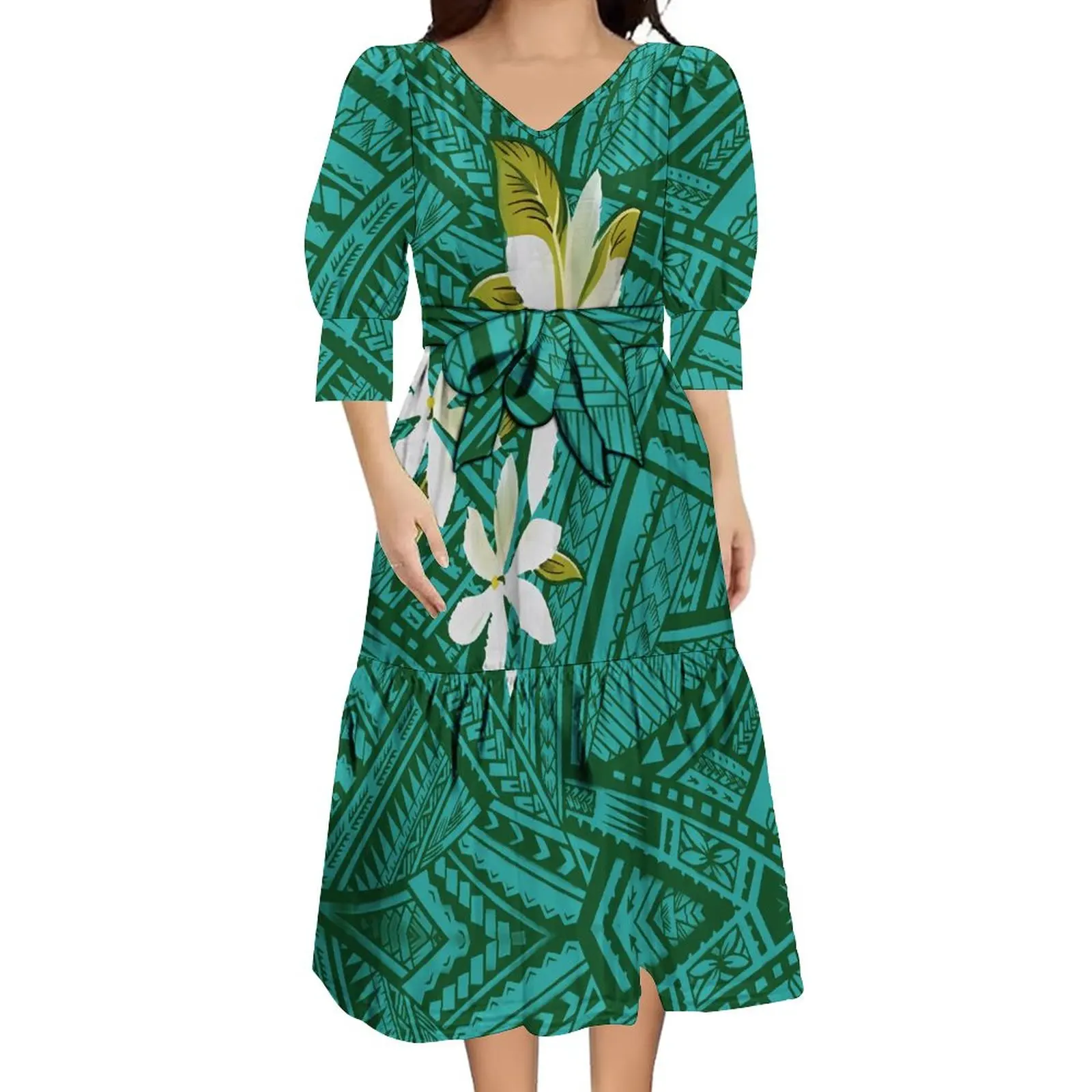 Support Your Design For Women V-Neck Dress Polynesian Tribal Print Midi Strap Mid-Sleeve Dress 6xl image 5
