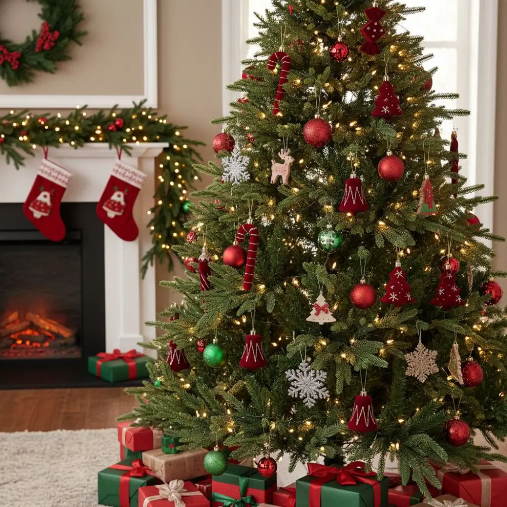 

2pcs Festival Supplies Red Christmas Tree Pendants Flocked Lollipop Candy Cane Pendants Bow Bell Xmas Tree Pendant Party Decor