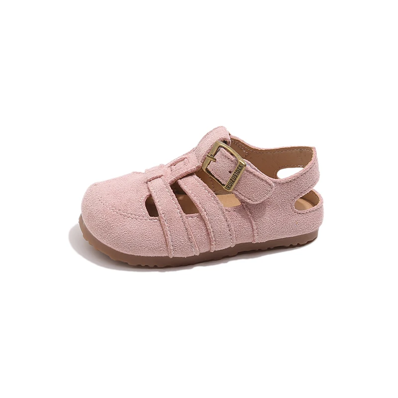 Sandalias de verano de cuero de ante para niños, zapatos de playa transpirables con tiras, zapatos planos de corcho para niños pequeños, zapatos planos informales de moda