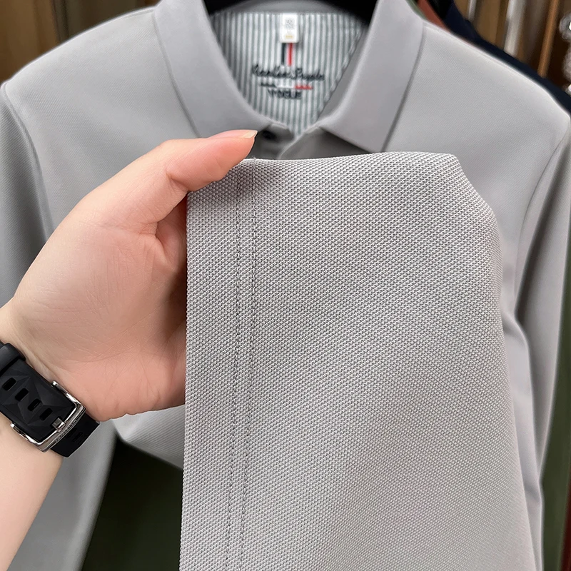 Frühling Herbst Herren Neues Original Mode-Print Polo-Shirt Knitterfreies Einfarbiges Langarm-T-Shirt Vielseitige Herrenbekleidung – Detail 14