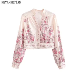 KEYANKETIAN 2024 nuovo lancio stile pastorale stampa floreale camicia a maniche lunghe autunno scollo a v bottoni camicetta corta allentata da donna Top