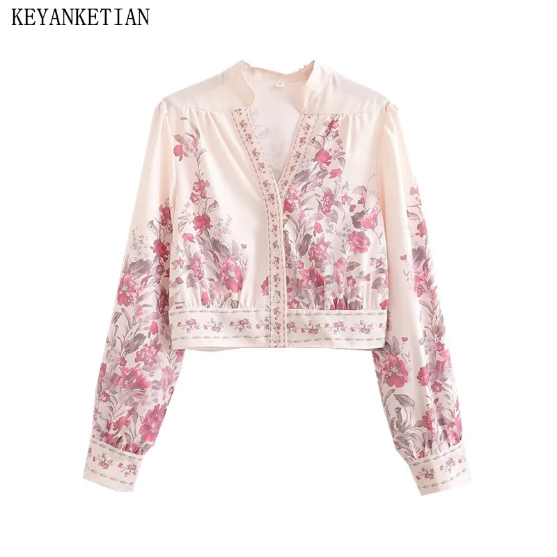 KEYANKETIAN 2024 New Launch Pastoral style Flower Print Long-sleeved shirt Autumn V-Neck Buttons Women's Loose Short Blouse Top