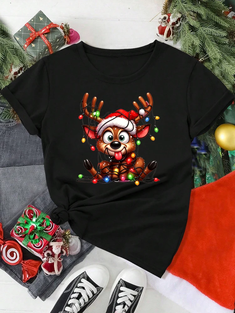 Funny Christmas Deer with Christmas Hat Print Red Women T-shirts 90s Lady Casual Short Sleeve T-shirts Clothes
