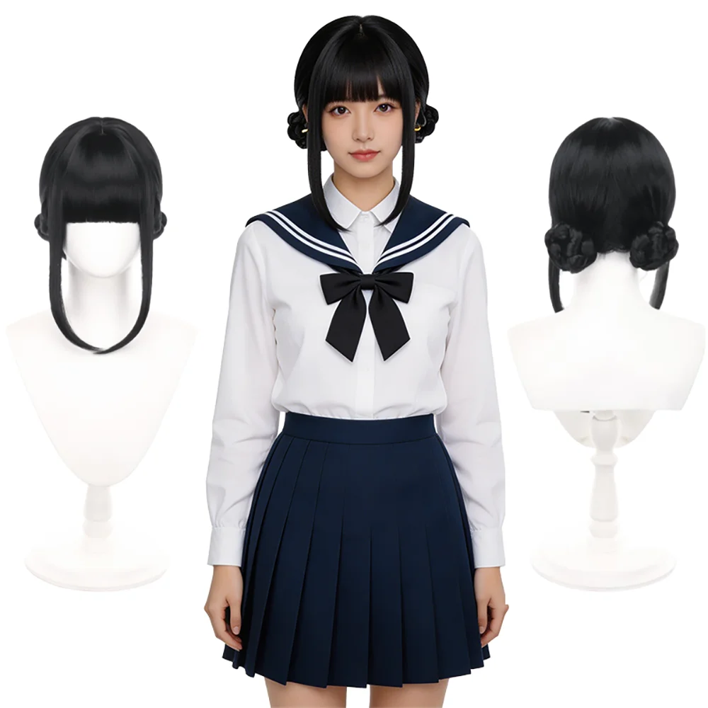 Double Bun Cosplay Wig With Bangs Black Dark Purple Zoey Heat Resistant Synthetic Full Wig For Women Daily Wear Anime Party