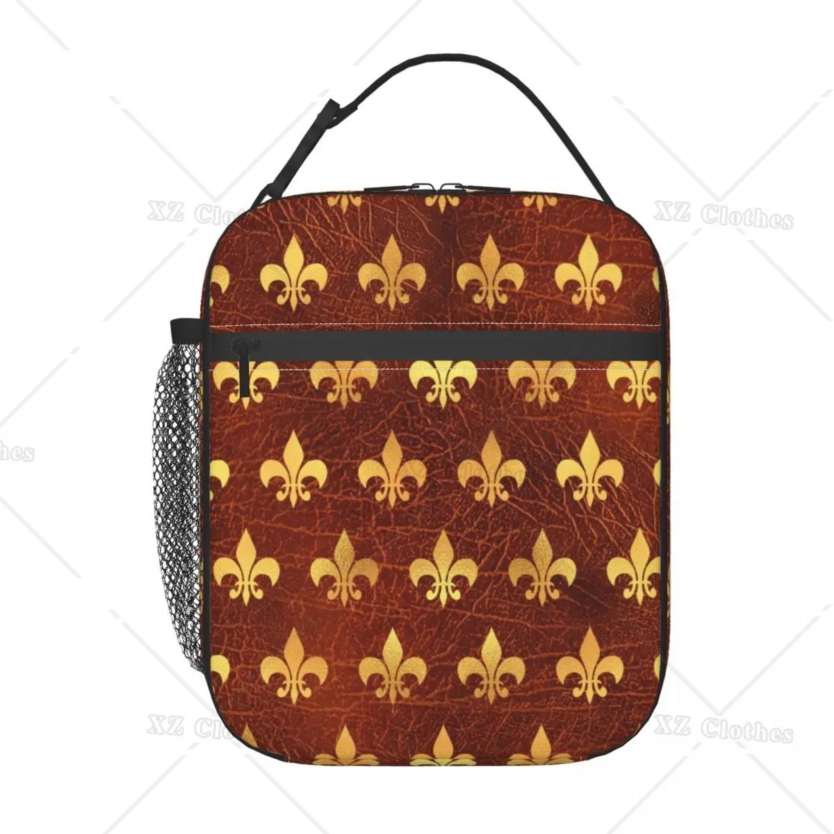 Custom Royal Gold Brown Leather Fleur De Lis Lily Flower Lunch Bag Thermal Cooler Insulated Lunch Box for Men Women Kids Trip