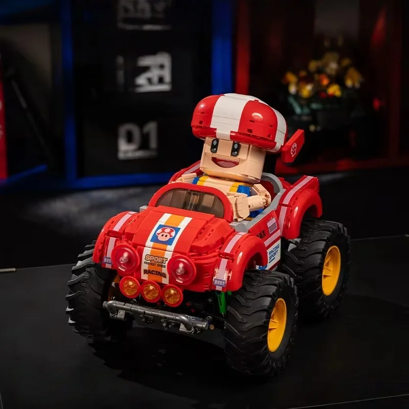 Cute Red Mushroom Figure Monster Truck Building Blocks Off Road Racing Car Model With Large Tires Creative DIY Assembly Toy