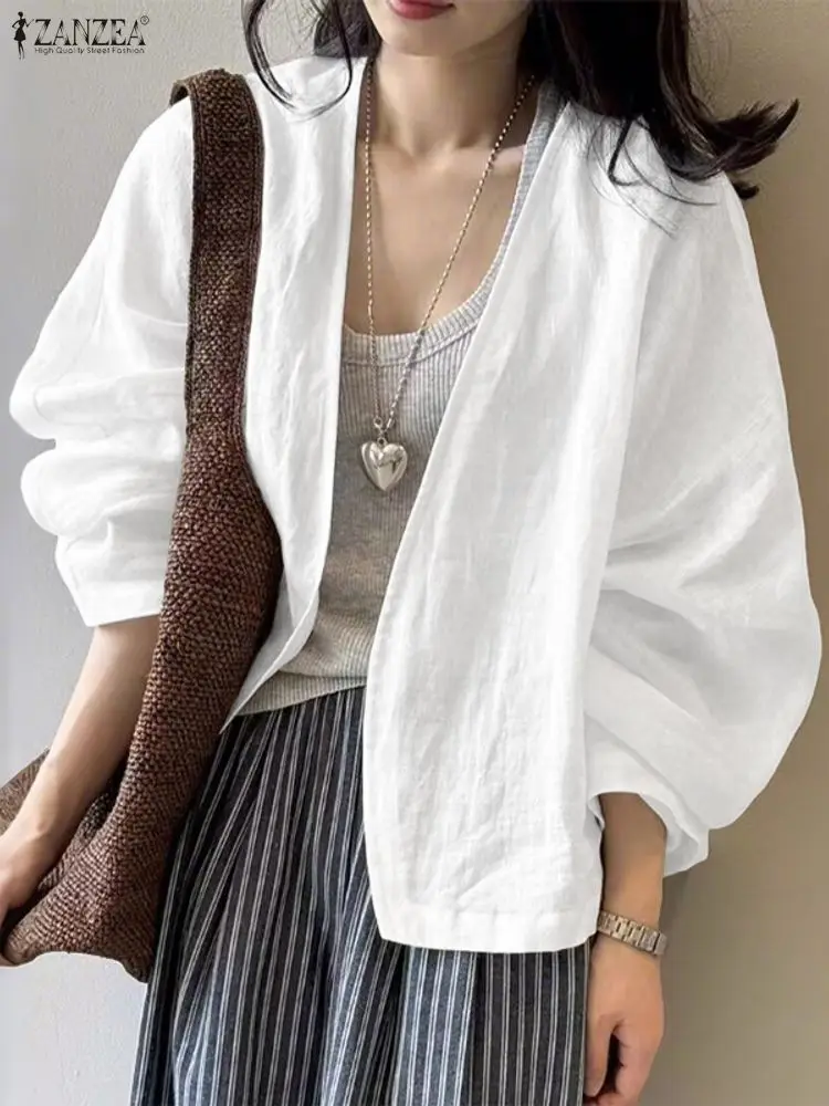 

ZANZEA Women's Coats Linen Cotton Cardigan Autumn Long Sleeve Outwear 2025 Fashion V Neck Suits Thin Loose Casual Solid Coats