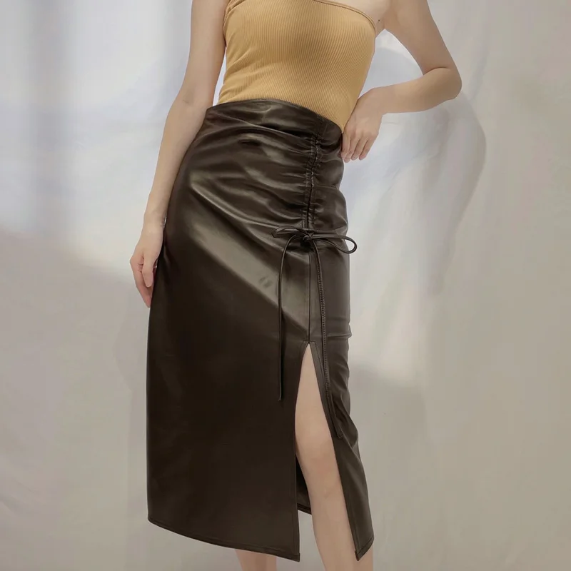 80cm Long Skirt For Women Version Real Leather Thin Split fork Jupe Lady Elastic Waist Patchwork Saia Longa Pleated Drawstring