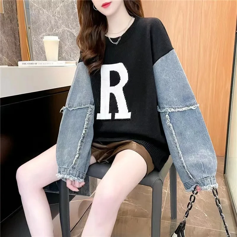 DAYIFUN-Women's Korean Denim Sleeve Patchwork Sweaters Letter Embroidery Knitted Pullovers Loose Outerwear Tops Autumn New 2024