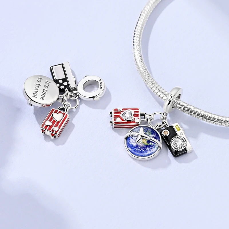 100% 925 Sterling Silver Luggage Earth Camera Golf Rugby Helmet Charms Pendants Fit Qikaola 925 Original Bracelets DIY Jewelry