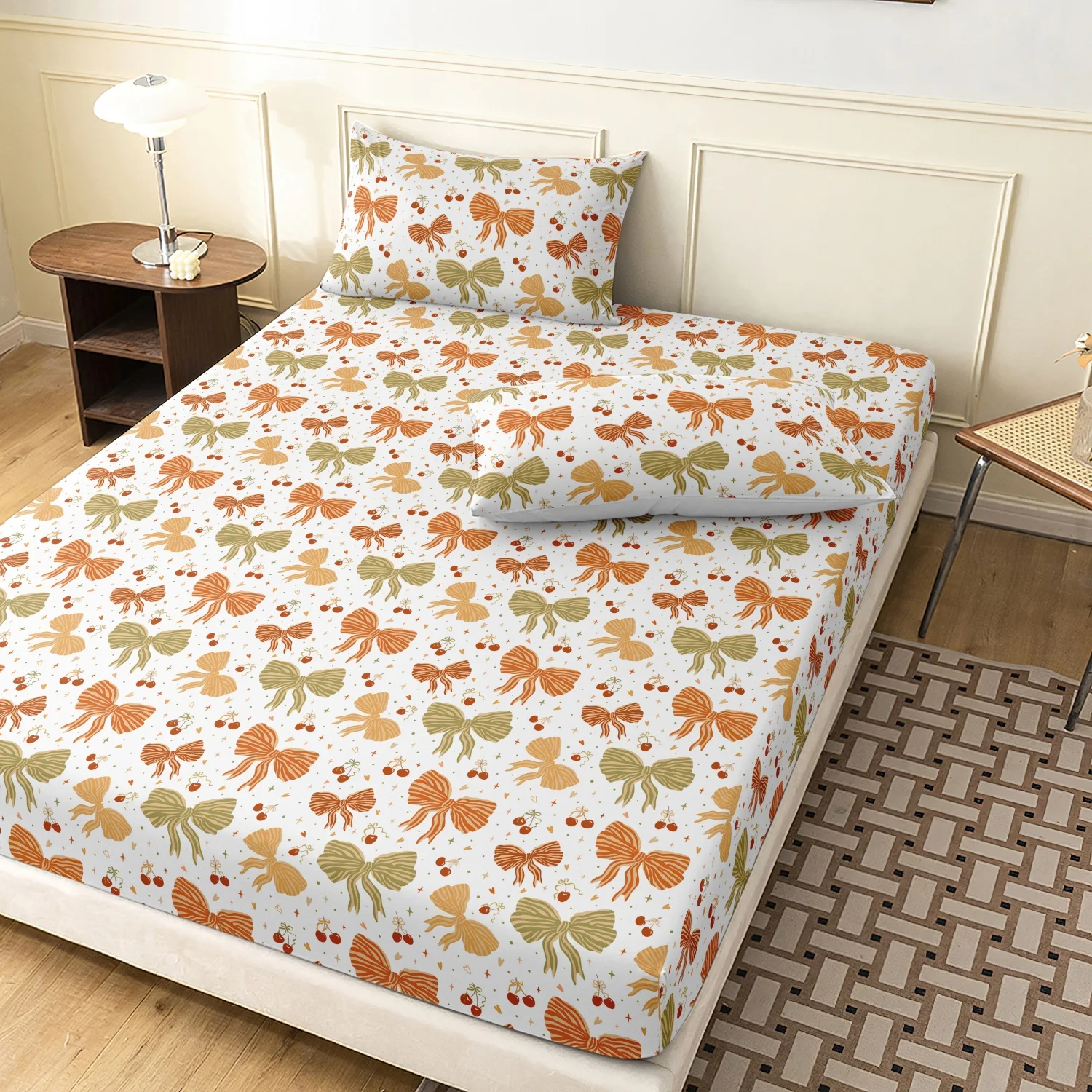 3Pcs Coquette Bowknot Fitted Sheet Set, White Retro Orange Green Bow & Mini Cherry Print Bedding, Cute Aesthetic Bedroom Decor