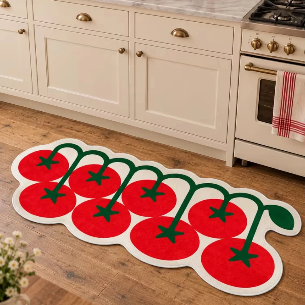 Red Tomato Vine Shaped Flannel Area Rug Fruits and Vegetables Floor Mat for Kitchen Dining Room Entryway Farmhouse Home Decor