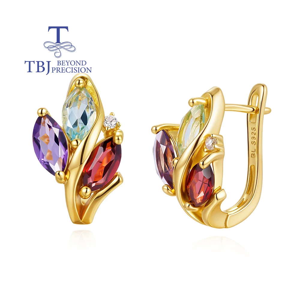 

Elegant 925 sterling silver earrings Natural amethyst garnet sky blue topaz Leaf design fine jewelry for women's engagement gift