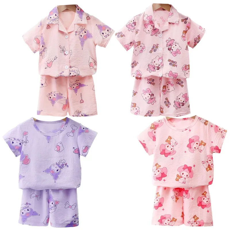 Sanrioed мультфильм My Melody Hellokittys Kuromi Печатный детский тонкая Пижама Набор Kawaii короткий рукав шорты Домашняя одежда детский подарок