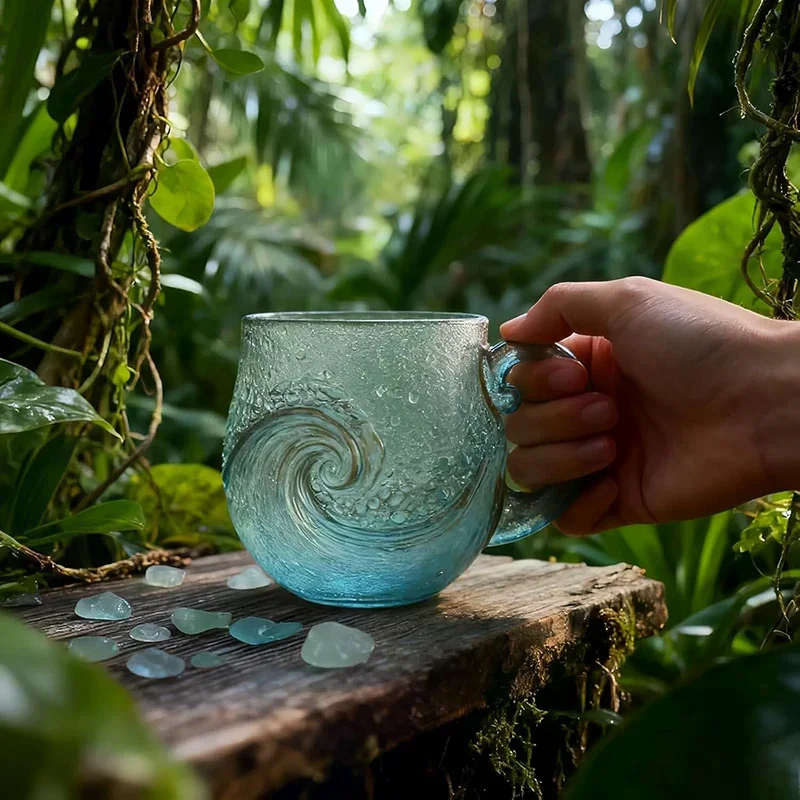 Sea Glass Wave Mug 12 Oz Handblown Ocean Wave Glass Mug Cup Unique Textured Beach Theme Mug For Tea Wine Handcrafted Sea Inspire