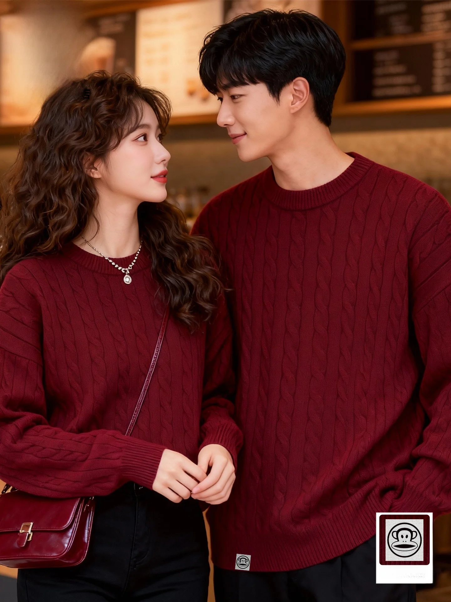 

Вязаный свитер с узором «косичка» для пар, красный трикотаж, свободный крой, американский стиль, зимняя одежда